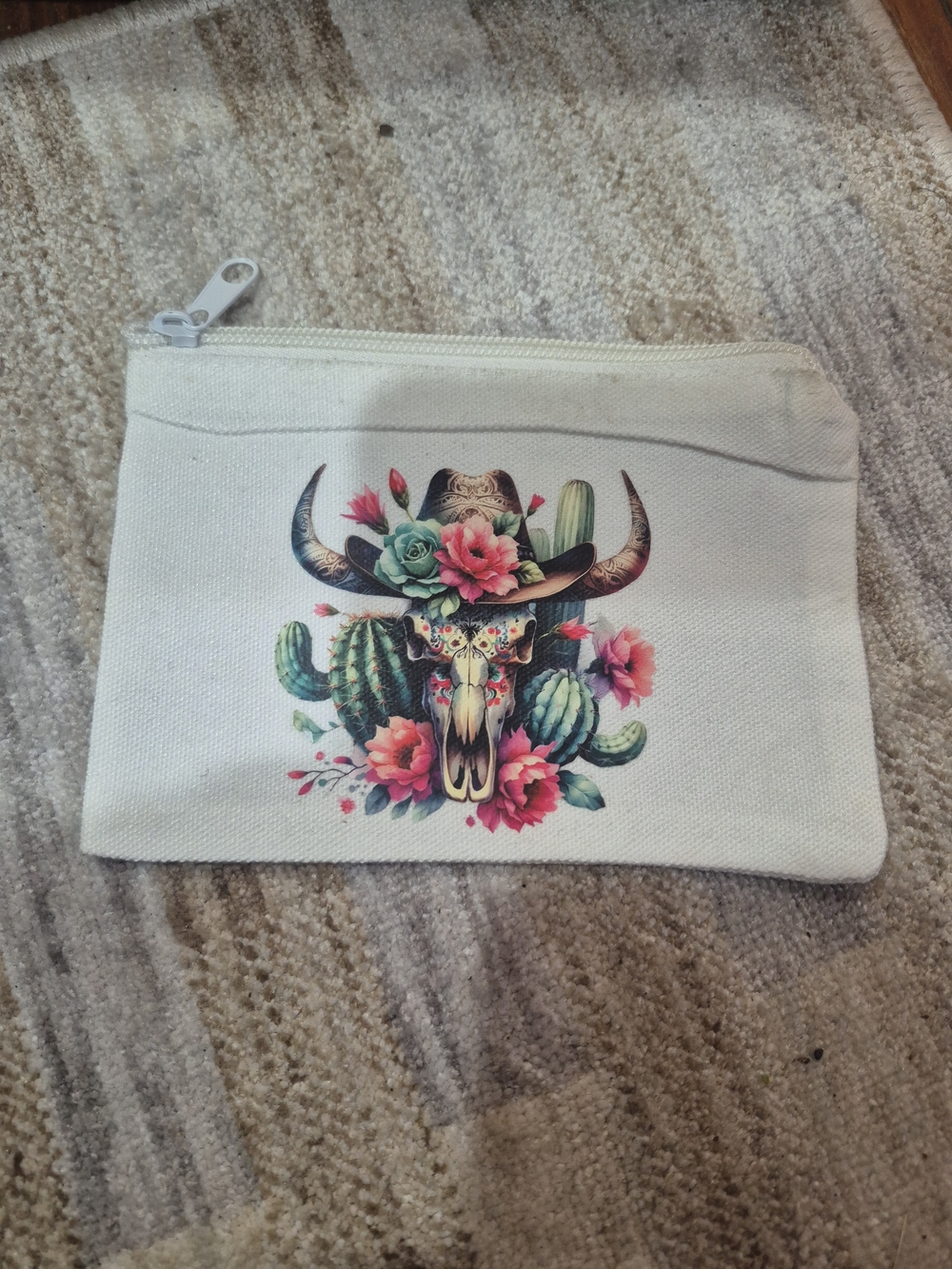 Canvas Mini Zip Pouch with Floral Bull Skull Print - Cream